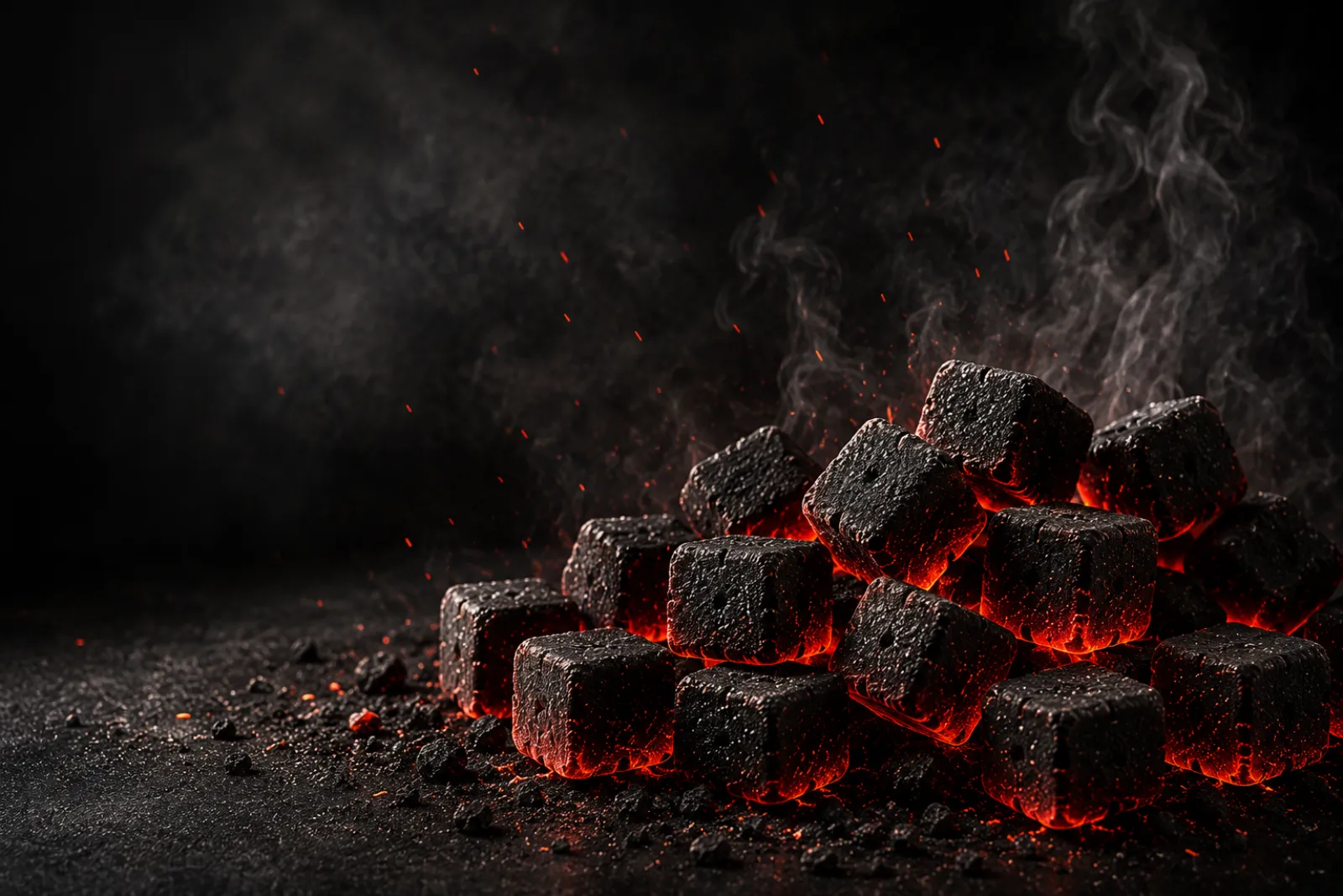 Premium coconut shell charcoal with glowing embers